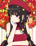  1girl bangs bare_arms bare_shoulders bauble black_hair blunt_bangs blush breasts christmas cleavage cleavage_cutout closed_mouth commentary_request ear_piercing earrings eyebrows_visible_through_hair glint gloves hand_up hat hat_ribbon head_tilt jewelry light_particles long_hair original piercing red_hat red_ribbon ribbon sidelocks small_breasts solo star star_earrings striped striped_ribbon sweater_vest tp_(kido_94) upper_body violet_eyes white_gloves 