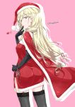  1girl alternate_costume ass black_gloves black_legwear blonde_hair blue_eyes cape commentary_request elbow_gloves finger_to_mouth garter_straps gloves hand_on_hip hat kantai_collection long_hair mikage_takashi richelieu_(kantai_collection) santa_costume santa_hat smile solo thigh-highs twitter_username 