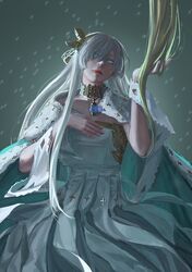  anastasia_(fate/grand_order) aqua_eyes artist_request blonde_hair collar dark dress fate/grand_order fate_(series) hair_over_one_eye hairband jewelry long_hair pendant ribbon royal_robe snow snowing very_long_hair white_dress white_hair 