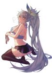  1girl back blush bow breath eyebrows_visible_through_hair grey_hair holding holding_towel leaf long_hair looking_back original pink_eyes shoulder_blades silver_hair simple_background sitting skirt smile solo sweat sweatdrop thigh-highs torn_clothes towel towel_around_neck very_long_hair white_background zuizi 