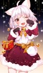  1girl ahoge animal_ears bell black_gloves blurry blurry_background bow box capelet cat_ears cat_tail christmas cowboy_shot eyebrows_visible_through_hair fangs fur_trim gift gift_box gloves gradient gradient_background highres hoshi_usagi one_eye_closed open_mouth original paw_pose red_eyes red_skirt short_hair skirt solo tail white_hair yellow_bow 