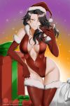  1girl alfred_cullado artist_name black_hair boots box breasts cinder_fall cleavage face_mask gift gift_box gloves hat highres leather_suit mask medium_breasts orange_eyes rwby sack santa_boots santa_costume santa_gloves santa_hat solo star starry_background zipper 