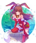  1girl animal_ears belt boots breasts brown_eyes brown_hair bunny_tail chimney christmas cleavage gloves hat highres iesupa miniskirt navel rabbit_ears rwby sack santa_boots santa_costume santa_gloves santa_hat skirt smile solo strapless tail velvet_scarlatina 