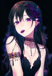  1girl achiki bangs bare_shoulders black_background black_dress black_hair breasts brooch choker collarbone commentary_request dress hair_between_eyes head_tilt jewelry long_hair looking_at_viewer mouth_hold open_mouth original sleeveless sleeveless_dress small_breasts solo teeth upper_body violet_eyes 
