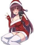  1girl awkward bangs bare_shoulders black_panties blush breasts cellphone cleavage collarbone dress elbow_gloves eyebrows_visible_through_hair fingerless_gloves fur-trimmed_dress girls_frontline gloves hat highres holding holding_phone large_breasts long_hair looking_at_viewer panties phone purple_hair red_dress red_eyes red_gloves santa_hat shiny shiny_skin sidelocks simple_background sitting skindentation smartphone solo spicy_moo strapless strapless_dress thigh-highs thighs underwear v very_long_hair wa2000_(girls_frontline) white_background white_legwear yokozuwari 