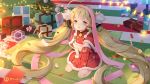  1girl :o azur_lane bell belt belt_buckle blonde_hair boots box buckle capelet christmas christmas_ornaments christmas_tree commentary_request copyright_name eldridge_(azur_lane) fur-trimmed_capelet fur-trimmed_gloves fur-trimmed_skirt fur_trim gift gift_box gloves green_belt hair_ornament heart heart-shaped_pupils highres indoors long_hair looking_at_viewer maya_g parted_lips red_capelet red_eyes red_footwear red_gloves red_skirt signature sitting skirt solo symbol-shaped_pupils twintails very_long_hair wariza 
