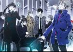  3girls 5boys ahoge bangs belt blue_eyes can character_request cigarette coat collared_shirt commentary dominator_(gun) formal fur-trimmed_coat fur_trim ginoza_nobuchika grey_hair gun hand_in_pocket hands_in_pockets holding holding_gun holding_weapon kuso_bba masaoka_tomomi multiple_boys multiple_girls necktie outdoors ponytail psycho-pass shirt short_hair tsunemori_akane weapon 