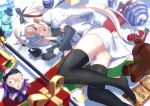  1girl ahoge ass black_bikini_top black_gloves black_legwear blonde_hair blurry bow capelet closed_eyes commentary_request depth_of_field elbow_gloves eyebrows_visible_through_hair fate/grand_order fate_(series) fur-trimmed_capelet fur_trim gift gloves green_bow green_ribbon headpiece jeanne_d&#039;arc_(fate)_(all) jeanne_d&#039;arc_alter_santa_lily long_hair lying on_side ribbon sleeping striped striped_bow striped_ribbon thighs tsuuhan very_long_hair white_capelet 