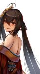  1girl ahoge azur_lane bangs bare_shoulders black_hair blush breasts crossed_bangs eyebrows_visible_through_hair hair_between_eyes huge_breasts japanese_clothes kimono lolicept long_hair looking_at_viewer mask mask_on_head obi off_shoulder red_eyes red_kimono red_ribbon ribbon sash sidelocks simple_background smile solo striped striped_ribbon taihou_(azur_lane) twintails very_long_hair white_background 