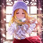  1girl ayase_midori bangs beanie blonde_hair blush breath brown_eyes capelet commentary_request dress_shirt eyebrows_visible_through_hair forehead fur_collar hat idolmaster idolmaster_cinderella_girls long_hair looking_at_viewer mochizuki_hijiri parted_bangs parted_lips red_skirt shirt skirt solo very_long_hair white_capelet white_hat white_shirt 