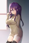  1girl absurdres alternate_hairstyle arm_behind_back bangs black_legwear blurry blurry_background blush breasts closed_mouth commentary_request contrapposto cowboy_shot day depth_of_field doki_doki_literature_club dress eyebrows_visible_through_hair grey_sweater hair_between_eyes hair_intakes hair_ornament hairclip hand_up highres indoors light_particles long_hair long_sleeves medium_breasts purple_hair ribbed_sweater sidelocks sleeves_past_wrists solo standing sweater sweater_dress thigh-highs turtleneck turtleneck_sweater twintails violet_eyes window yuri_(doki_doki_literature_club) zhi_zhi/zu_zu 