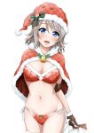  1girl :d bangs bell bikini blue_eyes blush breasts brown_gloves capelet christmas cleavage fur-trimmed_capelet fur-trimmed_legwear fur_trim gloves grey_hair hat large_breasts looking_at_viewer love_live! love_live!_sunshine!! navel open_mouth red_hat sack santa_hat short_hair side-tie_bikini simple_background smile solo stomach suzume_miku swimsuit thigh-highs watanabe_you white_background 