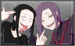  2girls black_gloves black_hair braid chikujouin_magane crossover earrings finger_gun gloves hair_ornament highres jewelry koumori_kuroko long_hair multiple_girls murcielago para-n01d pointing purple_hair re:creators school_uniform self_shot serafuku sharp_teeth single_braid smile teeth tongue tongue_out torii_earrings trait_connection yellow_eyes 