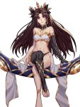  1girl absurdres black_bow black_hair black_legwear bow breasts cleavage collarbone earrings elbow_gloves eyebrows_visible_through_hair fate/grand_order fate_(series) floating_hair gloves hair_bow highres ishtar_(fate/grand_order) jewelry long_hair looking_at_viewer medium_breasts navel red_eyes single_elbow_glove single_thighhigh sitting smile solo stomach thigh-highs tiara two_side_up very_long_hair 
