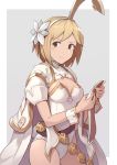  1girl animal_ears belt blonde_hair blush breasts brown_eyes bunny_tail bunnysuit cape cleavage closed_mouth commentary_request cowboy_shot djeeta_(granblue_fantasy) fake_animal_ears flower frown furrowed_eyebrows granblue_fantasy grey_background hair_flower hair_ornament hairband hinami_(hinatamizu) holding leotard looking_to_the_side puffy_short_sleeves puffy_sleeves rabbit_ears short_hair short_sleeves shrug_(clothing) small_breasts solo standing tail thighs two-tone_background white_background white_cape white_flower white_leotard wrist_cuffs 