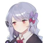 1girl bangs black_bow black_cardigan blush bow closed_mouth collared_shirt curly_hair eyebrows_visible_through_hair hair_between_eyes hair_bow head_tilt long_hair looking_away looking_to_the_side lowres moffle_(ayabi) original portrait purple_bow purple_hair red_bow red_eyes shirt simple_background solo white_background white_shirt 