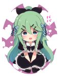  1girl alternate_costume bangs black_dress black_legwear black_ribbon blue_bow bow commentary_request dress empty_eyes full_body green_eyes green_hair hair_between_eyes hair_bow hair_ornament hair_ribbon hairclip heart heart-shaped_pupils highres kantai_collection long_hair looking_at_viewer no_nose parted_bangs polka_dot polka_dot_bow ponytail ribbon seiza sidelocks sitting solo suzuki_toto symbol-shaped_pupils thigh-highs translation_request two-tone_background white_background yamakaze_(kantai_collection) 