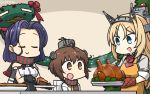  3girls apron bare_shoulders black_gloves blonde_hair blue_eyes brown_eyes brown_hair capelet christmas_wreath closed_eyes commentary_request dated dress flower food gloves hamu_koutarou headgear highres kantai_collection long_hair long_sleeves mechanical_halo military military_uniform multiple_girls neckerchief nelson_(kantai_collection) open_mouth oven_mitts pie purple_hair red_flower red_rose remodel_(kantai_collection) rose sailor_dress scarf short_hair sleeveless striped striped_scarf tatsuta_(kantai_collection) turkey_(food) uniform upper_teeth yellow_apron yellow_neckwear yukikaze_(kantai_collection) 