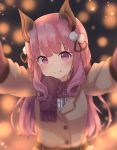  1girl animare bangs belt black_ribbon blurry blush bokeh brown_coat buttons closed_mouth coat commentary_request depth_of_field eyebrows_visible_through_hair fang fringe_trim hair_ornament hair_ribbon head_tilt highres long_hair long_sleeves looking_at_viewer maka_neko outstretched_arms pink_hair pom_pom_(clothes) purple_scarf ribbon sanpaku scarf smile solo tareme umori_hinako upper_body violet_eyes virtual_youtuber wavy_hair wing_collar winter_clothes 
