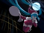  1girl 2018 ;) aqua_eyes aqua_hair christmas commentary detached_sleeves dress english_commentary finger_to_mouth flying full_moon hat hatsune_miku lilirulu long_hair miniskirt moon one_eye_closed red_dress red_legwear red_sleeves sack santa_costume santa_hat shushing skirt smile solo thigh-highs twintails very_long_hair vocaloid 