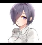  1girl blush breasts chii_(sbshop) commentary_request eyebrows_visible_through_hair framed framed_image hair_over_one_eye kirishima_touka light_background long_eyelashes looking_at_viewer medium_breasts no_nose open_eyes open_mouth out_of_frame purple_hair shiny shiny_hair shirt short_hair simple_background solo tokyo_ghoul violet_eyes white_background white_shirt 