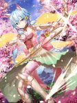 1girl animal_ears blue_hair blue_sky bow_(weapon) breasts cape cat_ears cat_tail cherry_blossoms cleavage day dutch_angle flower gabiran green_cape hair_flower hair_ornament hair_ribbon holding holding_bow_(weapon) holding_weapon indoors midriff navel pink_legwear pink_ribbon ribbon short_hair_with_long_locks shoulder_armor sidelocks sinon_(sao-alo) sky small_breasts solo spaulders stomach sword_art_online tail thigh-highs waist_cape weapon yellow_flower yellow_wings 