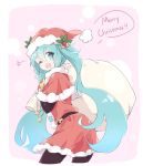  1girl ;d bell black_legwear blue_eyes blue_hair capelet christmas dress fang from_behind fur-trimmed_capelet fur-trimmed_hat fur_trim hair_between_eyes hat hatsune_miku hips holding holding_sack holly long_hair looking_back merry_christmas nejikyuu one_eye_closed open_mouth pink_background pom_poms red_dress red_hat sack santa_costume santa_hat smile solo star twintails very_long_hair vocaloid 
