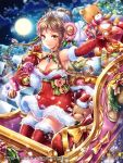  1girl bare_shoulders bow braid breasts brown_eyes christmas cleavage elbow_gloves flower gift gloves hair_bun hair_flower hair_ornament hobak holding holding_gift holly looking_at_viewer moon night official_art ornament outdoors red_gloves red_legwear sitting sleigh smile solo stuffed_animal stuffed_reindeer stuffed_toy teddy_bear tenka_touitsu_chronicle thigh-highs tree twin_braids watermark white_bow wreath yellow_bow 