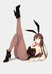  1girl animal_ears ass bangs bare_shoulders black_leotard blush breasts brown_hair brown_legwear bunnysuit collarbone commentary_request eyebrows_visible_through_hair fake_animal_ears full_body glasses green_eyes hair_between_eyes high_heels highres kantai_collection leg_up legs leotard long_hair looking_at_viewer lying necktie ooyodo_(kantai_collection) open_mouth pantyhose rabbit_ears simple_background smile solo strapless strapless_leotard wrist_cuffs yuuji_(and) 