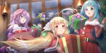  ahoge anemone_(flower_knight_girl) azur_lane bangs bare_shoulders black_ribbon blonde_hair blue_eyes blue_hair blush box capelet christmas christmas_ornaments christmas_tree closers commentary_request crossover dress eighth_note eldridge_(azur_lane) eyebrows_visible_through_hair flower_knight_girl fur-trimmed_capelet fur-trimmed_dress fur-trimmed_sleeves fur_trim gift gift_box hair_between_eyes hair_ribbon hands_up highres holding holding_gift indoors lantern long_hair long_sleeves multiple_crossover musical_note open_mouth parted_lips pnt_(ddnu4555) quarter_note red_capelet red_dress red_eyes ribbon signature strapless strapless_dress twintails very_long_hair violet_(closers) violet_eyes 