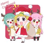  2018 3girls :d animal_costume animal_ears antlers arm_up azur_lane bangs bangs_pinned_back bell black_legwear blonde_hair blunt_bangs blush brown_dress brown_eyes brown_footwear brown_hairband charles_ausburne_(azur_lane) chibi christmas closed_mouth commentary_request dress fake_antlers foote_(azur_lane) fur-trimmed_dress fur-trimmed_hat fur-trimmed_mittens fur-trimmed_sleeves fur_trim green_hair hair_bobbles hair_ornament hairband hairclip hat holding holding_sack leaning_to_the_side leng_xiao merry_christmas mittens multiple_girls notice_lines open_mouth own_hands_together pantyhose pink_hair red_background red_dress red_hat red_mittens red_nose reindeer_antlers reindeer_costume reindeer_ears sack santa_costume santa_hat sleeveless sleeveless_dress smile spence_(azur_lane) standing standing_on_one_leg thigh-highs two-tone_background two_side_up violet_eyes wavy_mouth white_background white_legwear 