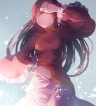  1girl ahoge axis_powers_hetalia brown_eyes brown_hair changpao chinese_clothes closed_eyes flower hair_flower hair_ornament long_hair natural_wind plum_blossoms solo taiwan taiwan_(hetalia) 