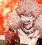  1boy abs alternate_costume bakugou_katsuki bead_necklace beads boku_no_hero_academia brown_hair embers fire fur_trim glowing jewelry magatama necklace no_shirt open_mouth red_eyes short_hair smile solo sparks spiky_hair toned toned_male upper_body zuizi 