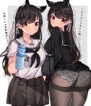  1girl absurdres animal_ears ass atago_(azur_lane) azur_lane bangs black_hair black_legwear black_serafuku blush bow breasts collarbone commentary_request cowboy_shot dual_persona extra_ears eyebrows_visible_through_hair highres large_breasts long_hair looking_at_viewer miniskirt norazura open_mouth panties pantyhose pantyshot pantyshot_(standing) pleated_skirt ribbon sailor_collar school_uniform serafuku skirt skirt_lift smile standing swept_bangs thighband_pantyhose thighs underwear wardrobe_malfunction white_background white_bow white_ribbon 