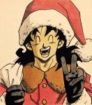  1boy :d ^_^ bag black_gloves black_hair close-up closed_eyes closed_eyes dragon_ball face gloves happy hat highres lee_(dragon_garou) long_hair male_focus open_mouth santa_costume santa_hat shaded_face simple_background smile spiky_hair upper_body v yamcha 