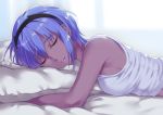  1girl bangs bare_arms bare_shoulders bed_sheet black_hairband blurry blurry_background breasts closed_eyes closed_mouth dark_skin depth_of_field eyebrows_visible_through_hair facing_viewer fate/prototype fate/prototype:_fragments_of_blue_and_silver fate_(series) hair_between_eyes hairband hassan_of_serenity_(fate) lying nishimura_eri on_side pillow pillow_hug purple_hair shirt sleeveless sleeveless_shirt small_breasts smile solo upper_body white_shirt 