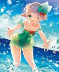  1girl ;d ahoge aisha_(sennen_sensou_aigis) aqua_bow aqua_eyes aqua_swimsuit bad_proportions bare_shoulders blue_sky bow breasts clouds collarbone covered_navel day feathers hair_bow hair_feathers leaning_forward looking_at_viewer ocean one-piece_swimsuit one_eye_closed open_mouth outdoors red_bow sennen_sensou_aigis sky small_breasts smile solo splashing standing swimsuit yuasa_akira 