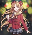  1girl :d bangs blonde_hair blue_skirt blurry blurry_background blush bow brown_legwear coat coffee_cup commentary_request cup depth_of_field disposable_cup duffel_coat ereshkigal_(fate/grand_order) eyebrows_visible_through_hair fate/grand_order fate_(series) fringe_trim hair_between_eyes hair_bow head_tilt holding holding_cup long_hair long_sleeves looking_at_viewer open_mouth pantyhose parted_bangs plaid plaid_scarf plaid_skirt pleated_skirt red_bow red_coat red_eyes scarf shiao skirt smile solo two_side_up very_long_hair white_scarf 