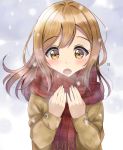  1girl blush brown_coat brown_eyes brown_hair coat commentary_request fringe_trim hands_up highres kunikida_hanamaru long_hair long_sleeves love_live! love_live!_sunshine!! open_mouth plaid plaid_scarf red_scarf scarf sin_(sin52y) snowing solo upper_body winter 
