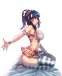  1girl bangs bare_shoulders black_hair bow_(bhp) bra breasts closed_mouth commentary_request eyebrows_visible_through_hair from_side grey_legwear hair_ribbon large_breasts looking_at_viewer looking_to_the_side original ponytail red_skirt ribbon seiza simple_background sitting skirt smile solo striped striped_legwear thigh-highs underwear violet_eyes white_background white_bra white_ribbon wristband 