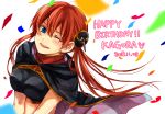  1girl 2018 ;d black_cape blue_eyes blush breasts brown_hair cape crop_top dated floating_hair gintama hair_bun happy_birthday kagura_(gintama) long_hair medium_breasts midriff mutospectacle one_eye_closed open_mouth smile solo stomach twintails upper_body very_long_hair 