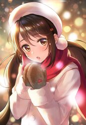  1girl :o bangs beret black_hair blurry blurry_background blush bokeh brown_eyes commentary_request depth_of_field eyebrows_visible_through_hair hair_ornament hands_together hands_up hat head_tilt highres idolmaster idolmaster_cinderella_girls long_hair long_sleeves looking_at_viewer mittens nakano_yuka open_mouth pom_pom_(clothes) red_scarf redamon scarf sidelocks solo tareme twintails upper_body very_long_hair white_coat white_hat winter winter_clothes 