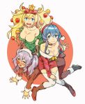  3girls alternate_costume animal_costume antlers blonde_hair blue_eyes blue_hair blush breasts collarbone commentary_request enemy_lifebuoy_(kantai_collection) eyebrows_visible_through_hair gambier_bay_(kantai_collection) gotland_(kantai_collection) hair_between_eyes hat kantai_collection kashima_(kantai_collection) large_breasts long_hair long_sleeves mole mole_under_eye multiple_girls nonco open_mouth pom_pom_(clothes) reindeer_antlers reindeer_costume santa_costume santa_hat shinkaisei-kan silver_hair smile thigh-highs twintails two_side_up white_legwear 