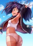  1girl :d azur_lane bangs black_jacket blue_sky blush breasts clouds cloudy_sky commentary_request crop_top day eyebrows_visible_through_hair fang hair_between_eyes hair_ornament hair_ribbon hairclip hazelwood_(azur_lane) head_tilt highres jacket long_sleeves mochiyuki open_clothes open_jacket open_mouth outdoors panties plaid plaid_panties purple_hair red_eyes red_ribbon ribbon sky sleeves_past_wrists small_breasts smile solo tan tank_top tanline twintails underwear white_tank_top 