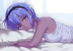  1girl bangs bare_arms bare_shoulders bed_sheet black_hairband blurry blurry_background breasts closed_mouth commentary_request dark_skin depth_of_field eyebrows_visible_through_hair fate/prototype fate/prototype:_fragments_of_blue_and_silver fate_(series) hair_between_eyes hairband hassan_of_serenity_(fate) looking_at_viewer lying nishimura_eri on_side pillow pillow_hug purple_hair shirt sleeveless sleeveless_shirt small_breasts smile solo upper_body violet_eyes white_shirt 