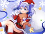  1girl :d bangs blue_background blue_bow blue_eyes blue_hair blush boots bow brown_bow commentary_request dress eyebrows_visible_through_hair fur-trimmed_boots fur-trimmed_dress fur-trimmed_hat fur-trimmed_sleeves fur_trim hair_between_eyes hair_bow hat hat_bow holding holding_sack knee_boots long_sleeves looking_at_viewer nijisanji object_hug open_mouth red_dress red_footwear red_hat sack santa_hat sidelocks smile snowflakes solo star stuffed_animal stuffed_toy teddy_bear twintails virtual_youtuber ymd_(holudoun) yuuki_chihiro 