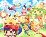  &gt;_&lt; 3boys :d :o apple black_hair block blonde_hair blue_shorts blue_sky blush blush_stickers brown_footwear cauldron chef child clouds creatures_(company) day doseisan fence flower food fruit frying_pan game_freak gen_1_pokemon grass green_hat hat hitofutarai holding holding_sword holding_weapon kirby kirby_(series) leaf link lucas maxim_tomato mewtwo mother_(game) mother_2 mother_3 multiple_boys ness nintendo open_mouth outdoors pantyhose pikachu planted_weapon pokemon pokemon_(creature) red_footwear shirt shorts sky smile snake spatula striped striped_shirt super_smash_bros. sweatdrop sword t-shirt tears the_legend_of_zelda the_legend_of_zelda:_the_wind_waker tomato toon_link tree tree_stump weapon whispy_woods wind 