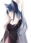  1girl animal_ears bangs black_dress blue_hair bow breasts cat_ears collarbone dress hair_bow light_particles long_hair long_sleeves looking_to_the_side lpip original profile signature simple_background small_breasts solo upper_body white_background white_bow yellow_eyes 