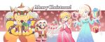  1boy 2girls blonde_hair blue_dress blue_earrings blue_eyes bowser brown_hair cake christmas christmas_cake christmas_present dress facial_hair food gift hair_over_one_eye hat mario merry_christmas multiple_girls mustache omochi_(glassheart_0u0) open_mouth pink_dress princess_peach red_eyes rosetta_(mario) santa_costume santa_hat smile standing 