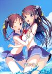  2girls :o ;d ass bangs bikini black_eyes black_hair blue_sailor_collar blue_skirt bow clouds day gin_(oyoyo) hair_ribbon leg_garter long_hair looking_at_viewer looking_back miniskirt multiple_girls one_eye_closed open_mouth original outdoors red_bow red_neckwear ribbon sailor_bikini sailor_collar scrunchie side-tie_bikini skirt skirt_lift sky smile swimsuit twintails very_long_hair wading water white_bikini wind wind_lift wrist_scrunchie 